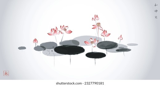 Pink lotus flowers in a pond on white background. Traditional oriental ink painting sumi-e, u-sin, go-hua. Translation of hieroglyрhs - harmony, spirit, perfection, eternity.