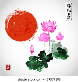 Pink lotus flowers and red sun isolated on white background. Contains hieroglyphs - zen, freedom, nature, beauty.Traditional Japanese ink painting sumi-e