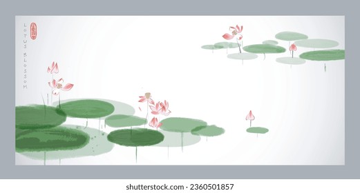 Pink lotus flowers in a serene pond on white background. Traditional oriental ink painting sumi-e, u-sin, go-hua. 