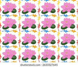 Pink lotus flowers surrounded by colorful koi fish.