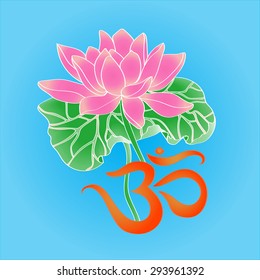 Pink lotus with green leaf and signed om
