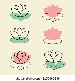Pink lotus with green leaves icons. Set of flat vector lotos icons.
