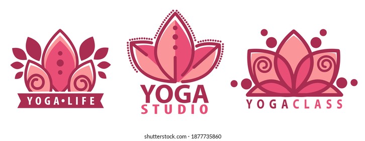 Pink lotus and inscription, toga studio logotype or badge with text. Improving health and wellness of organism. Exercising and doing asanas for strengthening body and consciousness. Vector in flat