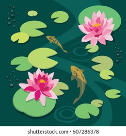 Pink lotus and koi fish in the old pond. Vector illustration.