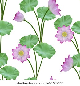 Pink lotus and leaves seamless pattern. Vector realistic floral repeat background