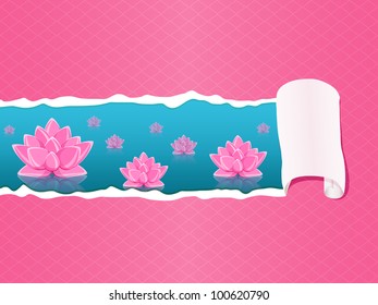 Pink Lotus Lily Flower and Ripped Piece of  Paper. Vector Card Image with Place for Text