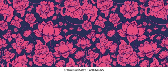 Pink Lotus on Navy Graphic Background in Oriental and Asian Style. Thai Lotus Pattern