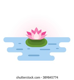 Pink Lotus at pond. Small location pink lotus icon in blue water. Lotus design element. Lotus symbol. Flat vector illustration.