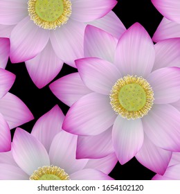 Pink lotus seamless pattern. Vector realistic floral repeat background