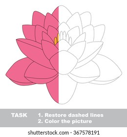Pink lotus in vector colorful to be traced. Restore dashed line and color the picture. Visual game for kids. Worksheet to be colored.