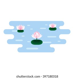 Pink lotuses in blue water. Small location with pink lotuses icon in blue pond. Lotus composition isolated design element. Lotus symbol. Flat vector illustration.