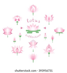 Pink Lotuses Collection. Pink lotus icon different variations. Trendy lotus isolated design element. Lotus symbol. Lotus icon. Flat vector illustration.