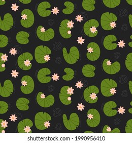 Pink lotuses in the dark pond top view. Seamless lily pattern. Water flowers and plants. Lake background with water lilies. Endless ornament. Nature backdrop. Vector flat hand drawn illustration.