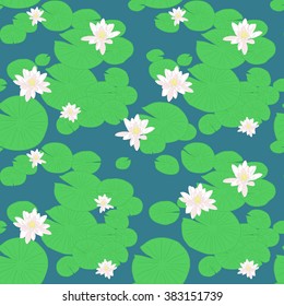 Pink lotuses in the pond. Seamless lily pattern. Water flowers and plants. Lake background with water lilies. Endless ornament. Endless illustration. Nature backdrop.