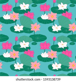 Pink lotuses in the pond. Seamless pattern with water lily. Water flowers and plants. Oriental pattern in Indian, Chinese, Japanese style. Great for wallpaper, backgrounds, gifts, packaging design.