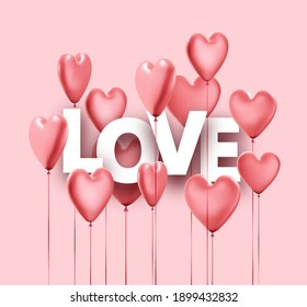 Pink love background with realistic 3d heart balloons.  Vector illustration.