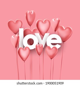 Antecedentes de amor rosado con globos realistas de 3d corazón.  Ilustración vectorial.