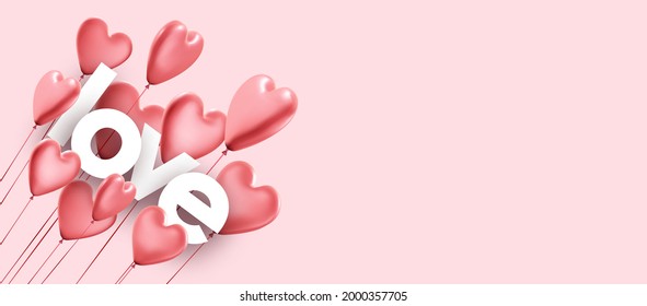 Pink love background with realistic 3d heart balloons.  Vector illustration.