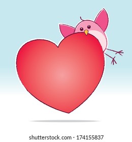 Pink Love Bird carrying a Big Red Heart on a Blue Gradient Background