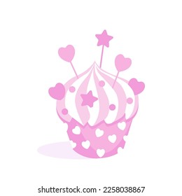 Pink love birthday cupcake with sprinkles. Valentine day gift. Girly fairy cake. Greeting card sketch vector illustration