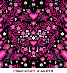 pink love botanical seamless pattern. ditsy floral print for valentine. black gothic heart background. good for fabric, fashion design, wallpaper, textile, bedding.