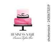 Pink Love Cake Logo Design with Heart Decoration for Romantic Brand
