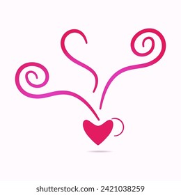 Pink love cup of coffee, a hand drawn logo expressing love