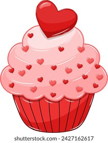 Cupcakes de amor rosa con ilustración vectorial de corazón rojo