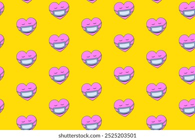 pink love with face mask colorful pattern on yellow background. doodle fever heart cartoon seamless pattern background. funny pink love with mask seamless pattern for decor and merchandise