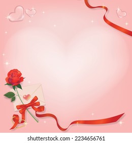 Pink love heart background with rose flower, love letter and ribbon for valentines day, women and more