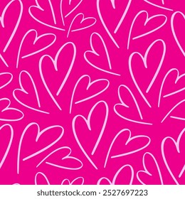 Rosa Liebe Herz nahtlose Muster Illustration. Nahtloses romantisches Muster mit rosafarbenen, handgezeichneten Herzen auf rosafarbenem Hintergrund. Netter romantischer rosafarbener Herz-Hintergrund-Druck. Valentinstag-Hintergrund.