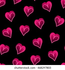 Pink love hearts on black seamless pattern .