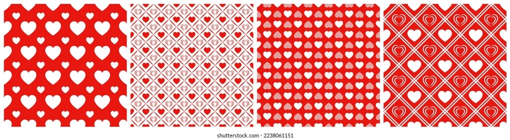 Pink love hearts seamless patterns set. St. Valentine's Day background vector illustration. Romantic repeated texture for greeting cards, invitation and holiday design, clothes prints, wrapping paper