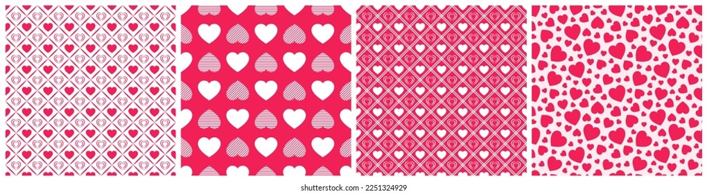 Pink love hearts seamless patterns set. St. Valentine's Day background vector illustration. Romantic repeated texture for greeting cards, invitation and holiday design, clothes prints, wrapping paper.