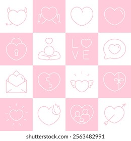 Pink love icon seamless pattern. Romantic line art hearts, arrows, and symbols. Perfect Valentine’s day background for love-themed creative designs.