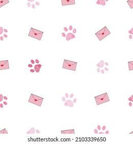 Pink love letter and paw prints. Seamless fabric design Valentine's Day pattern background