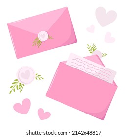 Pink love mail envelope with a stamp and leves on a light background. Envelope with seal. Vector of the wax seal. Design element.