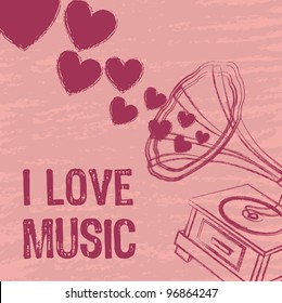 pink i love music background, gramophone. vector illustration