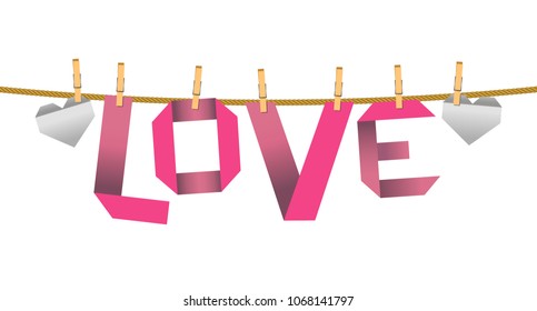 Pink love origami word hang on a rope