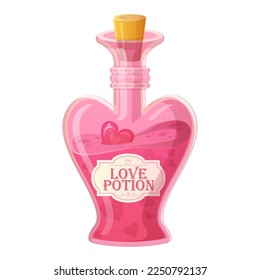 Pink Love potion bottle. Glass heart shaped bottle with cork. Romance elixir, alchemy, rpg game icon concept