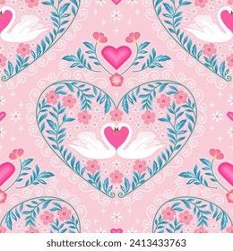 pink love swan seamless pattern. heart botanical flowers background. good for fabric, bedding, valentine's day, wallpaper, backdrop, girls, kids, textile, clothing.