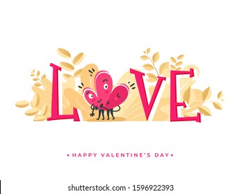 Pink Love Text with Cartoon Hearts Couple Hugging on Leaves White Background for Happy Valentine's Day.