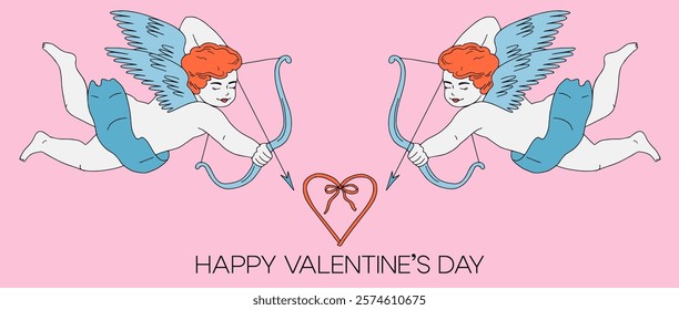 Pink Love themed outline illustration, banner, card with cupid or cherub and ribbon heart. Cute coquette vintage aesthetic. Valentine's Day, wedding, romantic design. Hand drawn template with text