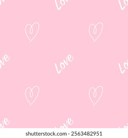 Pink love themed seamless pattern. Hand drawn heart outlines and romantic Love text design. Perfect Valentines day background for creative projects.