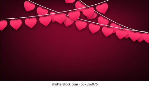 Pink love valentine's banner with garland of hearts. Vector illustration.
