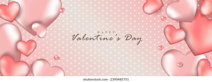 Pink love vector card for Valentine's Day with 3D pink and red hearts.