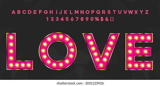 Pink love vintage text with alphabet and numbers. Neon letters typeface for retro party or event signboard.