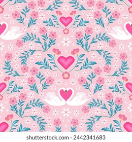 amor rosa y cisne blanco floral patrón sin fisuras. ilustración vectorial corazón de san valentín impresión botánica. bueno para la tela, papel pintado, fondo, diseño de moda, textil, habitación de vivero.