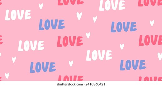 Pink love word pattern, modern trendy design with hearts and letters repeat on pink background, typography texture for valentines day wrapping paper.