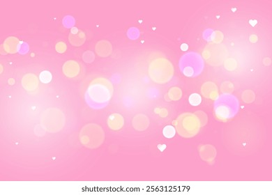 Pink lovely background with hearts bokeh and glitter. Pastel vector fantasy gradient for Valentine Day. Romantic blurred sky with sparkles and stars.